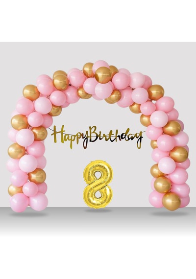 8 Yaş Retro Gold Pembe Balon Happy Birthday Banner Gold Rakam Doğum Günü Süsleme Çok Renkli