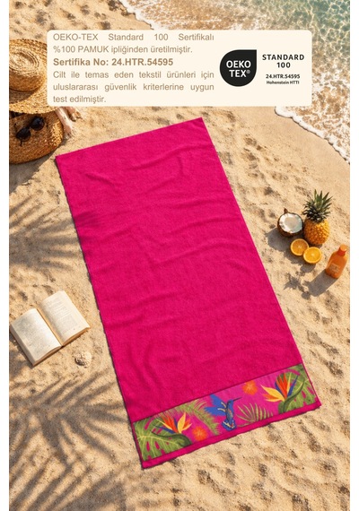 Pembe Plaj Havlusu %100 Pamuk Sertifikalı Tropik Desenli Havuz Havlusu Üstün Emici 75x150cm