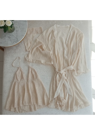 Bonbon Kadın Çeyizlik Ve Bohçalık Tül Transparan Ekru Renk Babydoll, String Ve Sabahlık 3 Lü Paket Bb2686 Bonbon Kadın Çeyizlik Ve Bohçalık Tül Transparan Ekru Renk Babydoll, String Ve Sabahlık 3 Lü Paket Bb2686