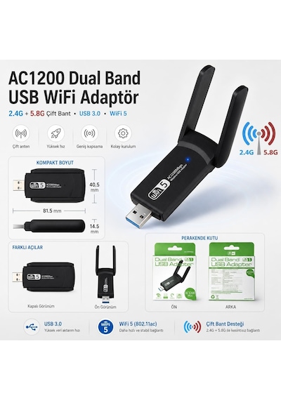 Primex Px-ac1200 Usb 3.0 Wifi Adaptör, Realtek Rtl8812bu, Ac1200/ac1300 Dual Band 2.4g-5g, 802.11ac Kablosuz Ağ Alıcı, Pc Laptop Masaüstü İçin Wireless Usb Dongle