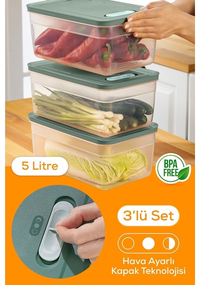 Vienev Ayarlı Sebze Ve Meyve Saklama Kabı Yeşil 3 'Lü 5 Litre Yeşil