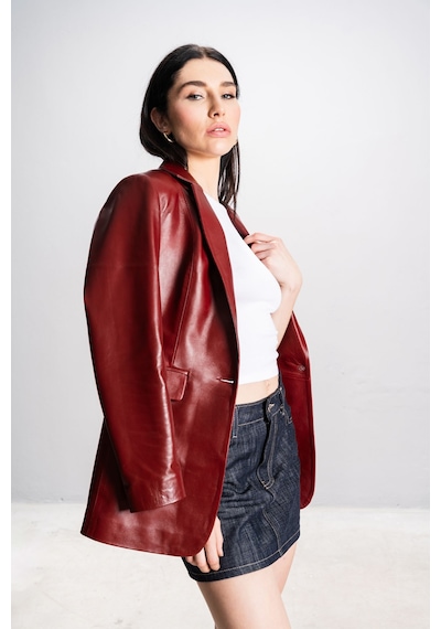 Dericlub Gloria Kadın Ceket Yaka Tek Düğmeli Gerçek Deri Blazer Ceket Ök.bordo