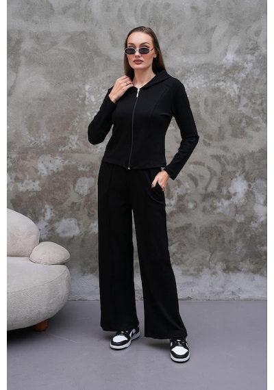 Elaxi Modal Kumaş Slim Fit Kapüşonlu İkili Takım Siyah
