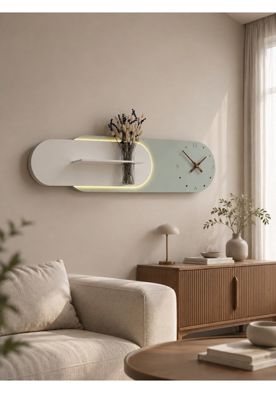 Kardelen Ahşap Pilli Ledli İskandinav Tarzı Salon Duvar Rafı Modern Çiçeklik 112 X 28 Cm Paris Grisi - Yeşil