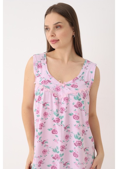 Yasar Underwear Kadın %100 Pamuk Askılı Çiçek Desenli Rahat Gecelik Pembe Pembe