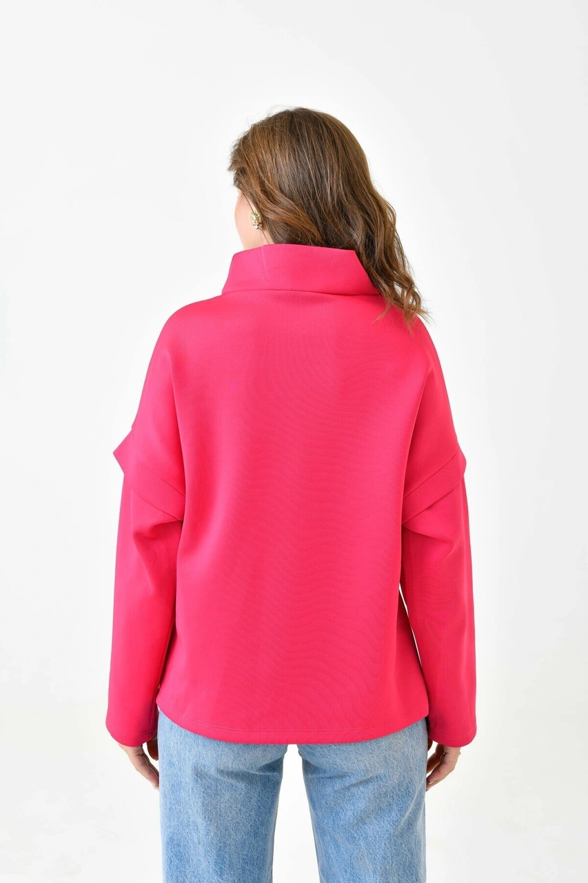 Kadın Yakası Bağcıklı Scuba Oversize Spor Şık Tasarım Sweatshirt Fuşya