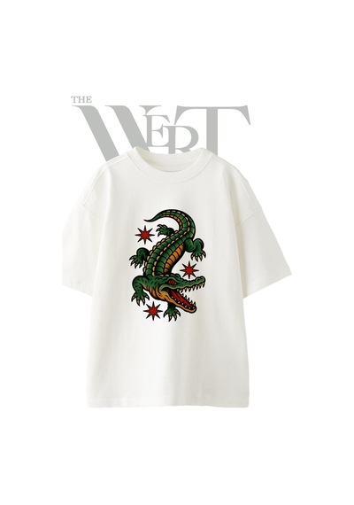 Thewert Alligator Tattoo Tasarım Baskılı Ünisex Beyaz Oversize T-shirt