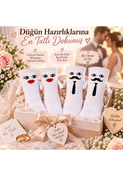 Womanandkids Wak Mıknatıslı Gelin Damat Çorabı 2 Çift El Ele Tutuşan Düğün Çeyiz Bohça Eğlenceli Set Beyaz