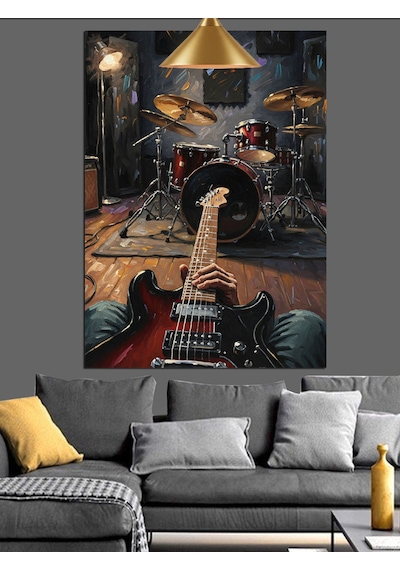 Elektro Gitar Ve Bateri Davul Seti Dekoratif Kanvas - Mdf Ahşap Tablo