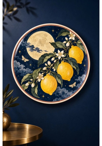 Dekoratif Duvar Tabağı Limonlu Mürekkep Bahçesi Dekorlu Seramik Tabak Mor