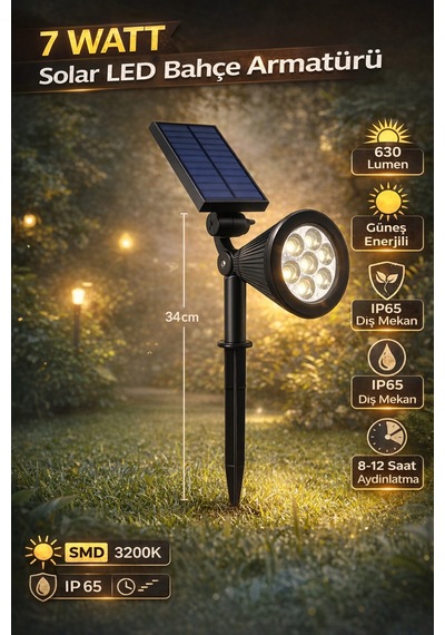 7 Watt Solar Led Bahçe Lambası Güneş Enerjili, Ip65 Dış Mekan Aydınlatma