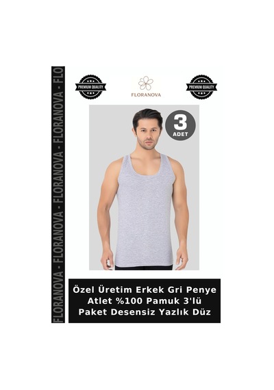 Floranova Özel Üretim Erkek Gri Penye Atlet %100 Pamuk 3'lü Paket Desensiz Yazlık Düz
