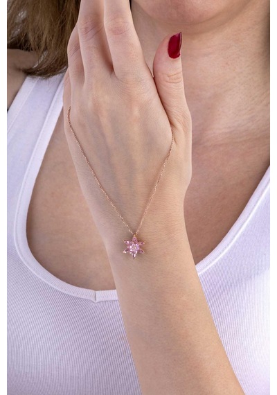 Gümüş Pazarım Pembe Renkli Lotus Çiçeği Gümüş Kolye Çok Renkli