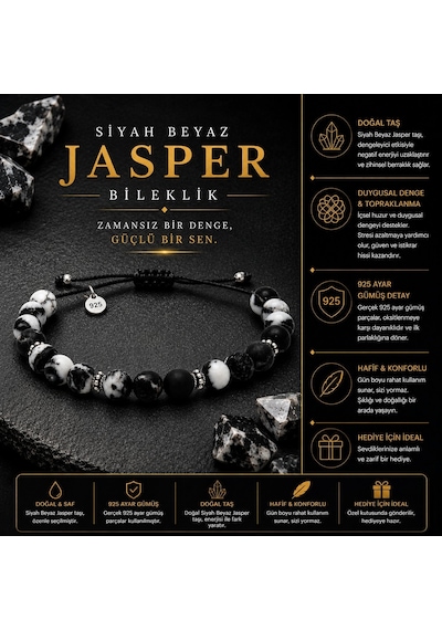 Safir Jewellery Siyah Beyaz Jasper Doğal Taşlı 8mm - 925 Ayar Gümüş Süslemeli Makrome Örgülü İpli Erkek Bileklik – Hediye Kutulu