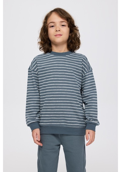 Panço Erkek Çocuk Çizgi Desenli Petrol Sweatshirt Mavi