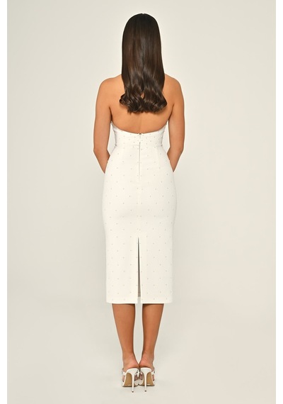 Halter Yaka Boncuklu Krep Midi Abiye Elbise Alfa Beta B7028 Beyaz