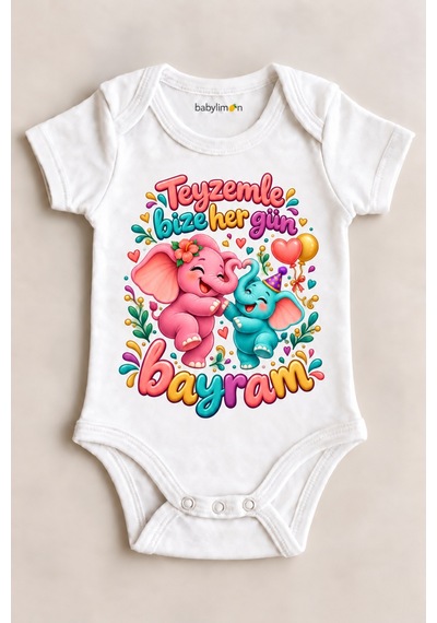 Babylimon Teyzemle Bize Her Gün Bayram Beyaz Kısa Kollu Çıtçıtlı Bebek Zıbını Beyaz - 930083761 Beyaz