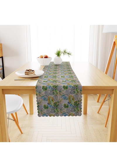 Kozalak Desenli Yeşil Mavi Çiçekli Dijital Baskılı Petek Dokuma Runner 40x140