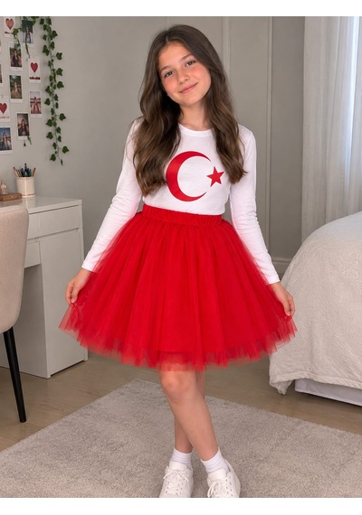 Gunes7 Kız Çocuk Çift Tül Etek Lastikli Kırmızı