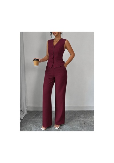 Butik İstanbul Kadın Askılı Önden Düğmeli Bluz Ve Pantolon Keten Ikili Takım Bordo