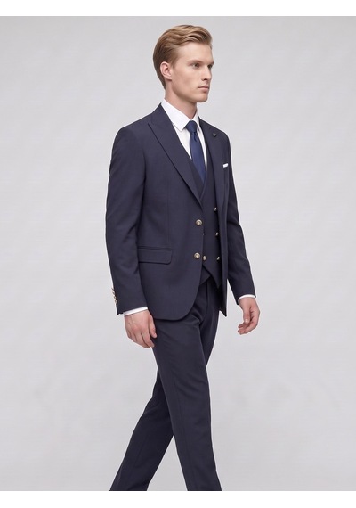 Erkek 3 Parça Slim Fit Takım Elbise Kruvaze Yelekli Modern Kesim Şık Takım Lacivert