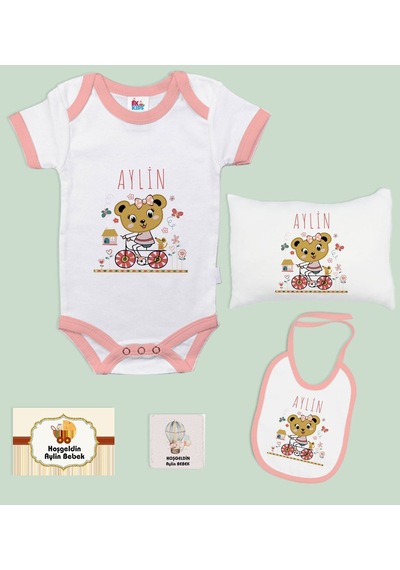BK Kids Kişiye Özel İsimli 5 Parça Pembe Bebek Body Zıbın Yastık