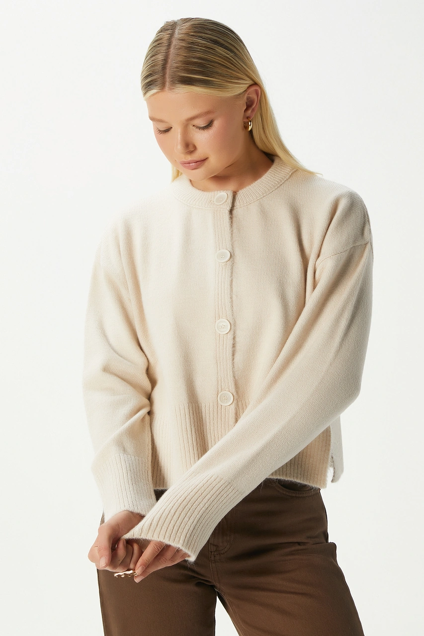 Ritnice Kadın Keep Yan Yırtmaçlı Yumuşak Dokulu Taş Basic Triko Hırka 70145 Taş