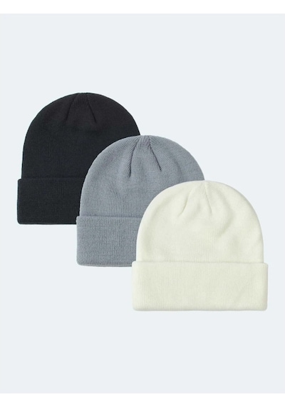 Eke Tekstil Unisex Katlamalı 3'lü Bere Seti Beyaz - Gri - Siyah