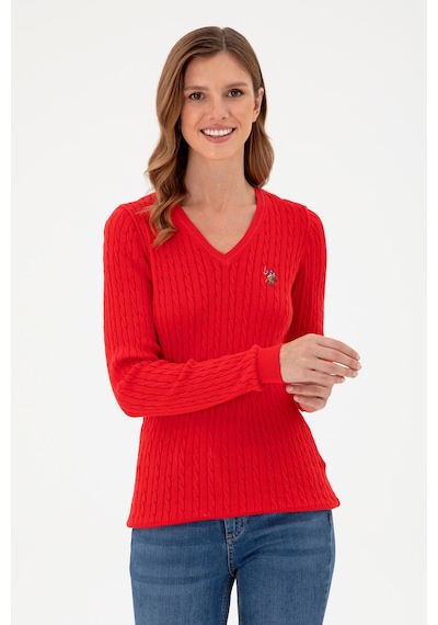U.S. Polo Assn. Kadın Kırmızı V Yaka Basic Kazak 50288992-VR030 U.S. Polo Assn. Kadın Kırmızı V Yaka Basic Kazak 50288992-VR030
