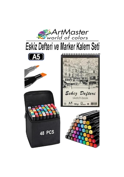 A5 Eskiz Defteri 50 Yaprak 100 Gr 1 Adet 48 Renk Marker Kalem Çift Taraflı Touch Çift Uçlu Eskiz Defteri Boya Seti