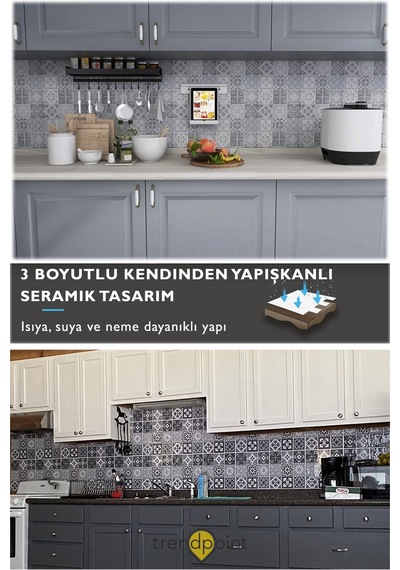Trendpoint 3d 30 30cm Mutfak Tezgah Arkası Kaplama Pvc Kendinden Yapışkanlı Seramik Görünümlü Banyo