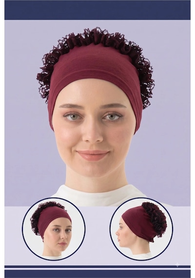 Myreal Fırfırlı Bone Dantel Penye Bağlamalı - Hacim Veren Topuz Bonesi bordo