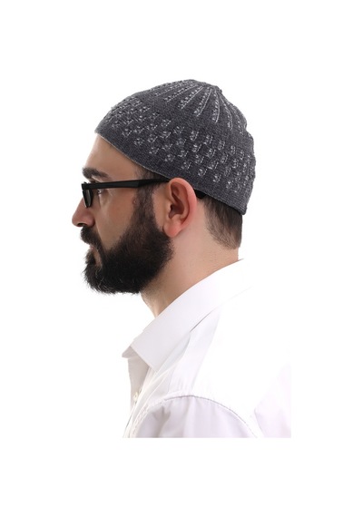 Füme Gri Hasır Desen Kışlık Kadife Namaz Takkesi Füme