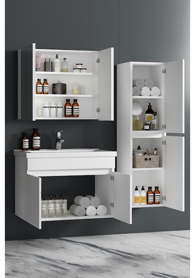 Çiğdem 80+35 Cm Beyaz Mdf Lavabolu Asma Banyo Dolabı Takımı Beyaz