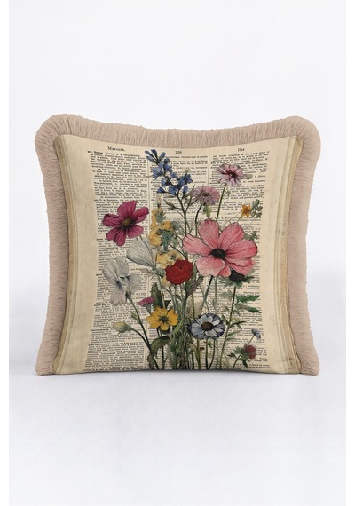 Vintage Çiçek Botanik Saçaklı Yastık Kılıfı-nostaljik Floral Krem Bej Vizon Püsküllü Kırlent Kılıfı Çok Renkli