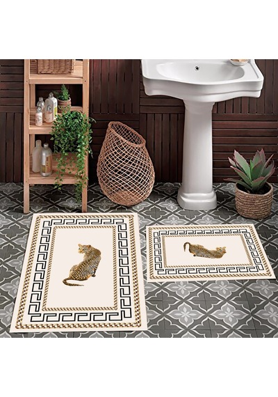 Leopar Desen Banyo Paspası, Kaymaz Taban, Yıkanabilir Paspas, Krem