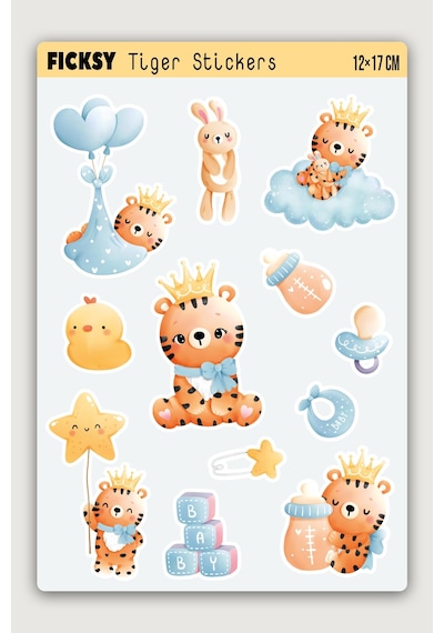 Sevimli Kaplan Sticker Seti - 12 Adet Etiket Çıkartma Çok Renkli