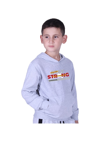 Fyk Kids Kapüşonlu Kanguru Cepli Stay Strong Baskılı Erkek Çocuk Sweatshirt Gri