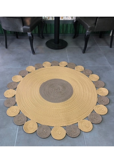 Mavaux Bej Jüt Hasırlı El Örgüsü Kilim Halı Hasır Yuvarlak Lacivert