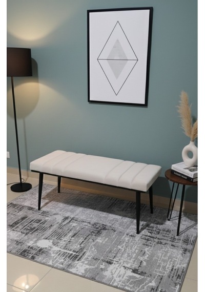 Özcan Metal Siyah Metal Ayaklı Metal Kasalı Bench Mutfak Salon Antre Yatak Odası Balkon Puf Bank Krembeyaz