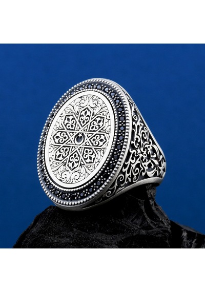 925 Ayar Gümüş Ay Yıldız Motifli Kalem İşlemeli Erkek Yüzük Silver