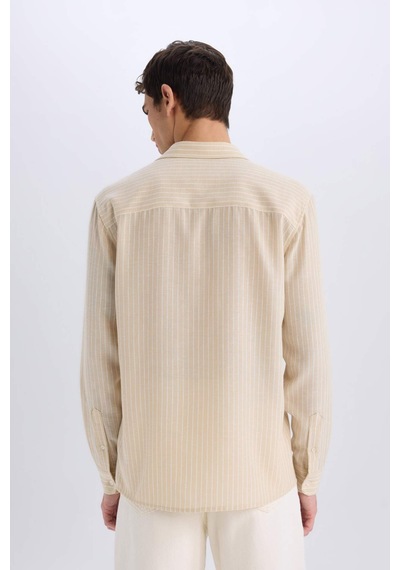 Defacto Regular Fit Polo Yaka Keten Görünümlü Uzun Kollu Gömlek E3308ax25smbg106 Bej