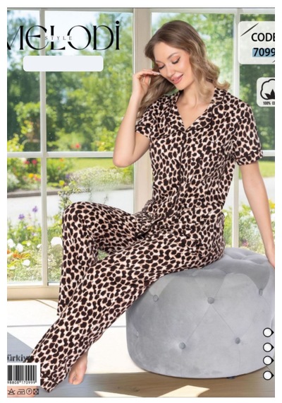 Melodi 7099 Kısa Kol Önden Düğmeli %100 Pamuk Kadın Pijama Takımı Leopar V1 Kahve - Leopar Melodi 7099 Kısa Kol Önden Düğmeli %100 Pamuk Kadın Pijama Takımı Leopar V1 Kahve - Leopar