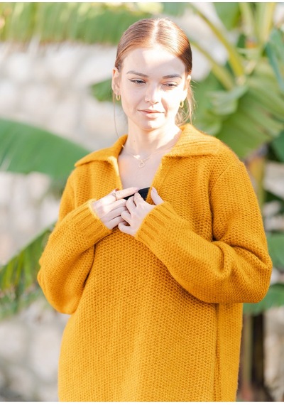 Gömlek Yaka Oversize Basic Kazak Hardal