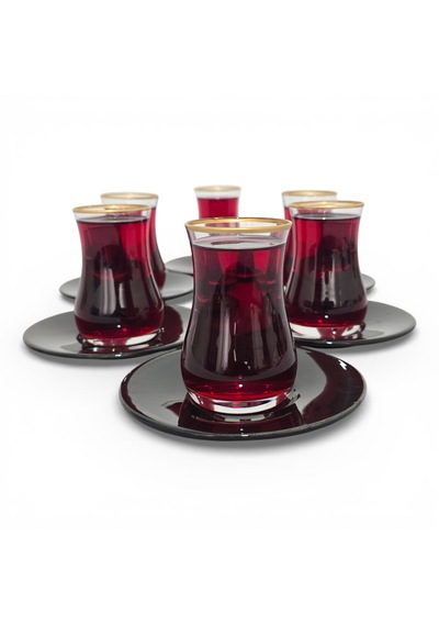 Sudedi Home Altın Yaldızlı Çay Bardağı Seti Siyah Tabaklı 6 Lı Cam Çay Takımı Siyah