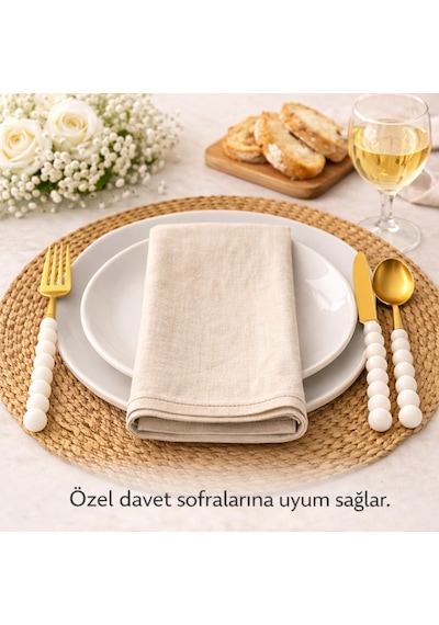 6 Adet Gold İnci Detaylı Yemek Çatalı Beyaz - Altın