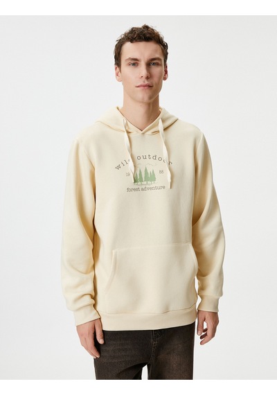 Koton Slogan Baskılı Hoodie Kanguru Cepli Manzara Detaylı Ekru 4wam70214mk Ekru