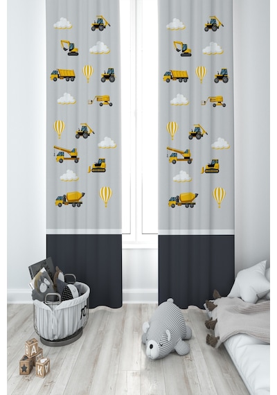 Mekta Home Bebek Ve Çocuk Odası İş Makinalı Gri Yol Desenli 2 Kanat Fon Perde