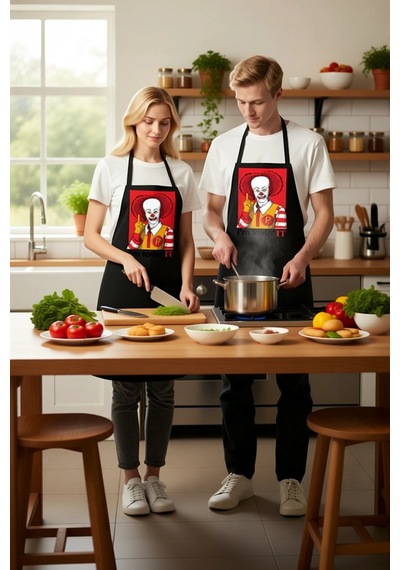 Unisex Mutfak Aşçı Önlüğü Fast Food Temalı Komik Baskılı Günlük K Siyah