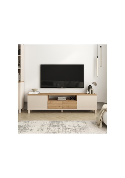 Mood Tv Ünitesi Sehpası 2 Kapaklı 2 Çekmeceli Ahşap Ayaklı 180cm Kumsal-sepet Md1-cs Bej